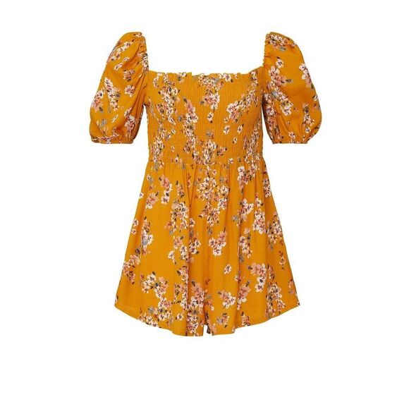 Flynn Skye Justine Romper Women's Medium Orange Floral Puff Sleeve Smocked RTR - Picture 11 of 11